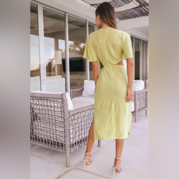 Lulus Summer Journey Light Green Tie-Front Linen Cutout Midi Dress - Picture 4 of 9